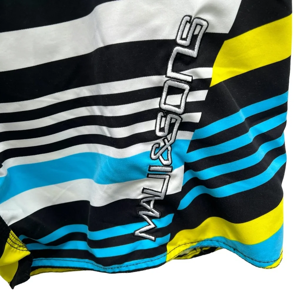 MAUI AND SONS BLUE, YELLOW, WHITE AND BLACK STRIPED BOARD SHORTS